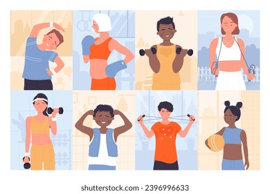 Sport workout of people set vector illustration. Cartoon woman and man training body with jump rope and gym equipment, active diverse girls and boys practice squat and aerobic exercises for wellness