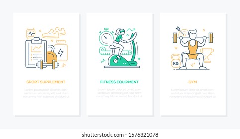 Sport and workout - vector line design style banners with space for text. Supplement, fitness equipment, gym, weight lifting ideas. Wearable devices, healthy nutrition, exercise bike. Active lifestyle