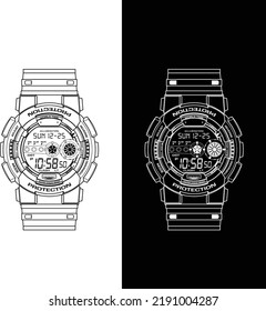 Sport wristwatch blueprint. Popular with mountaineers, firefighters, paramedics, police officers, astronauts, soldiers. A mechanical blueprint vector design.