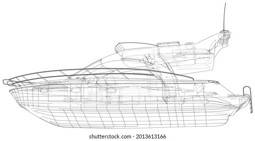 Sport Yacht on the white background. Technical illustration wire-frame. Vector rendering of 3d.