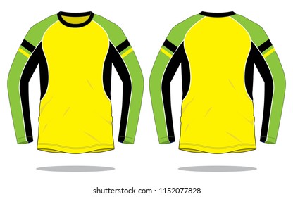 Sport Yellow-Green-Black Long Sleeve T-shirt Design Vector.Front and Back View.