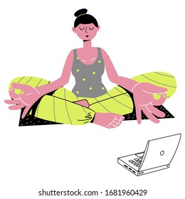 Sport or Yoga classes at home online quarantine. Modern character girl  over the internet. A woman is doing a set of exercises during isolation period. Vector illustration