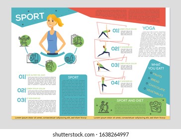 Sport and yoga - colorful vector brochure template with text blocks and character. Flyer layout with a girl in different poses, practicing. A4 pages of booklet. Healthy lifestyle and workout booklet