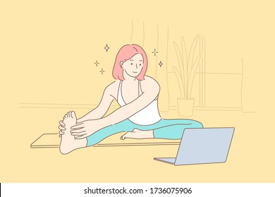 Sport, yoga, fitness concept. Young happy woman girl athlete in sportswear cartoon character does workout doing stretching and using laptop in living room at home. Active lifestyle and body healthcare