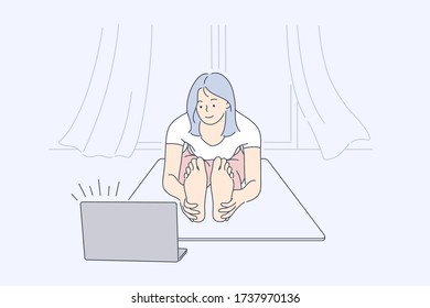 Sport, yoga, fitness concept. Young happy woman girl athlete in sportswear cartoon character does workout doing stretching and using laptop in living room at home. Active lifestyle and body healthcare