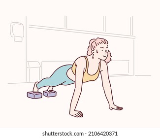 El deporte, el yoga y el concepto de la gente - una mujer joven está haciendo una tabla, tomando equilibrio.  Ilustraciones de diseño vectorial de estilo dibujado a mano.