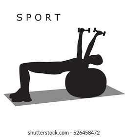 Sport Yoga sketch of a young man exercising with dumbbells on a ball vector isolated on white background