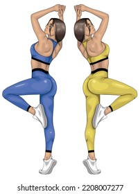 Muchacha deportiva con un cuerpo tonificado en la posición del traje Fitness Side. Ilustración del vector