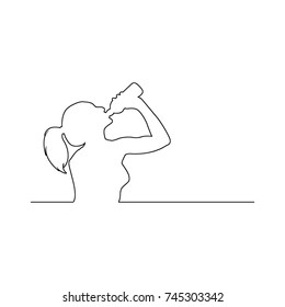 sport young woman drinking water from a plastic bottle vector illustration black lines, isolated on white background
