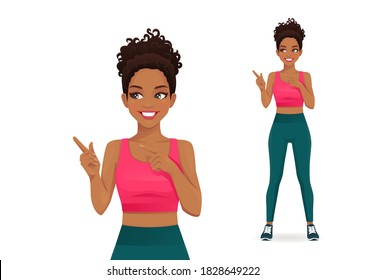 Sport young woman pointing away gesture isolated vector illustration