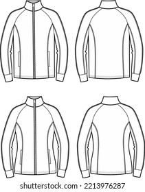 Sport zipper jacket flat sketch. Zip up sweatshirt apparel design. Front and back. Men and women CAD mockup. Technical drawing. Vector illustration. 