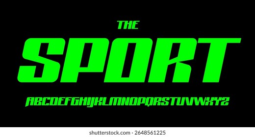 Fonte de corrida esportiva, alfabeto angular afiado, letras verdes elétricas em negrito, tipo automotivo dinâmico para o logotipo esport, filme promo, tipografia cibernética, design tipográfico esportivo moderno. Tipo de vetor.