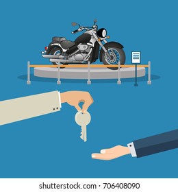 Sportbike with hands and passing key. Process of buying or renting sportbike. Red-black motorbike. Vector illustration of giving key and motorcycle in flat style. Sales and purchase in cartoon design