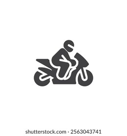 Sportbike with a rider vector icon. filled flat sign for mobile concept and web design. Motorcycle Racing glyph icon. Symbol, logo illustration. Vector graphics