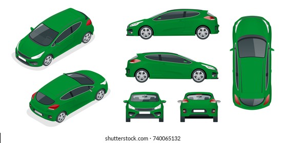 Sportcar or hatchback vehicle. SUV car set on white background, template for branding and advertising. Template vector isolated on white View front, rear, side, top and isometric