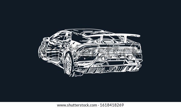 Sportcar. Vector\
drawing in ink and feather\
style
