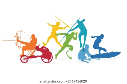 Sporters with Disabilities Representing Different Sports United. Colorful Silhouettes of Various Sport Athletes with Disabilities, Track and Field, Javelin, Para Cycling, Surfing, Archery, Ice Hockey.