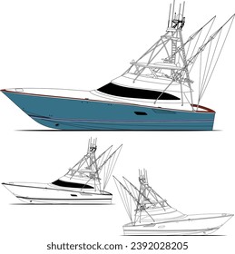 Sportfishing boat vector line art illustration and one-color