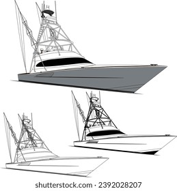 Sportfishing boat vector line art illustration and one-color