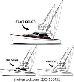 Sportfishing boat vector line art illustration and one-color