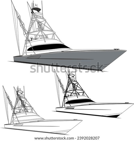 Sportfishing boat vector line art illustration and one-color