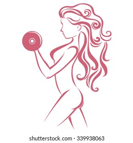 Sport/Fitness label. Hand drawn Girl with dumbbells. Template for design.Vector isolated on white background