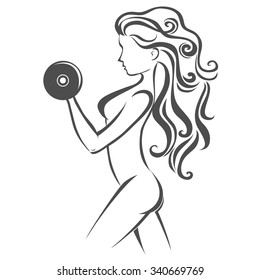 Sport/Fitness label. Hand drawn Girl with dumbbells. Template for design.Vector isolated on white background