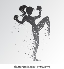 Sport/Fitness poster with woman Silhouette of star particles. Kickboxing. For logo, T-shirt design, bags, poster and banner.