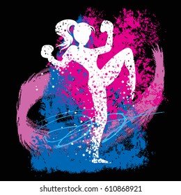 Sport/Fitness poster with woman Silhouette of star particles. Kickboxing. For logo, T-shirt design, bags, poster and banner.