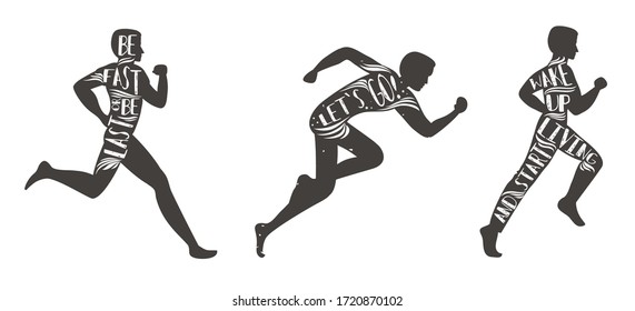 Sport/Fitness typographic poster collection. Running man. Motivational and inspirational illustration. Lettering. For logo, T-shirt design, poster or fitness club.