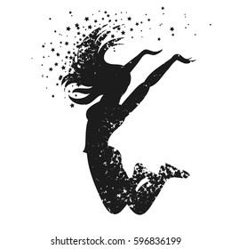 Sport/Fitness typographic poster. Dancing woman Silhouette of star particles. For logo, T-shirt design, banner, poster or fitness club. inspirational  vector illustration.