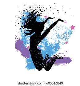 Sport/Fitness typographic poster. Dancing woman Silhouette of star particles. For logo, T-shirt design, banner, poster or fitness club. inspirational  vector illustration.