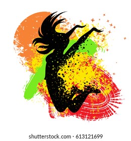 Sport/Fitness typographic poster. Dancing woman Silhouette of star particles. vector illustration.