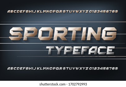 Sporting  alphabet font. Metallic effect  Italic letters and numbers in chrome and golden color. Vector illustration.