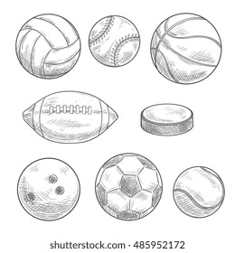 Sporting balls and puck isolated sketches. Sporting items and equipment for soccer or football, basketball, volleyball, rugby, baseball, tennis, ice hockey and bowling