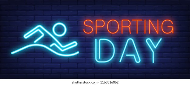 Sporting day neon sign. Glowing bar lettering with swimming man on brick background. Night bright advertisement. Vector illustration in neon style for swimming pools and sport centers