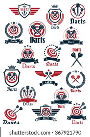 Sporting emblems for darts game club with arrows on red dartboards and crowned medieval shields with wings, supplemented by laurel wreaths, ribbon banners and stars