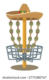 Sporting equipment disc golf target basket wearing straw sombrero hat for themed recreation game and outdoor hobby.