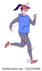 Sporting event semi flat RGB color vector illustration. Running athletic woman in sportswear isolated cartoon character on white background