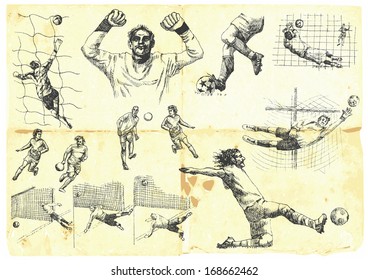 Sporting events around the World: FOOTBALL (SOCCER) no.1. Collection of hand drawn illustrations. Description: Each drawing comprise of one or two layers of outlines, colored background is isolated.