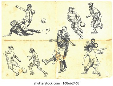 Sporting events around the World: FOOTBALL (SOCCER) no.2. Collection of hand drawn illustrations. Description: Each drawing comprise of one or two layers of outlines, colored background is isolated.