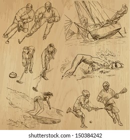 Sporting events around the World (part 2). Collection of hand drawn illustrations (originals, no tracing). Description: Each drawing comprise of two layers of outlines, colored background is isolated.