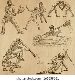 Sporting events around the World (part 6). Collection of hand drawn illustrations (originals, no tracing). Description: Each drawing comprise of two layers of outlines, colored background is isolated.