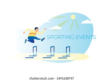 Sporting Events Metaphor Business Poster. Running with Obstacles. Cartoon Businessman Character in Necktie and Suit Jump over Hindrance. Sporty People. Competition. Vector Flat Natural Illustration