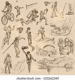 Sporting events, SPORT and Athletes in different situations. Vector collection of an hand drawn illustrations. Pack of freehand sketches.