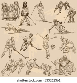Sporting events, WINTER SPORT and Athletes in different situations. Vector collection of an hand drawn illustrations. Pack of freehand sketches.