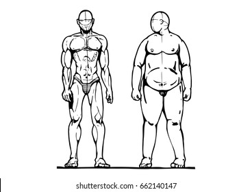 Homem esportivo e gordo. Ilustração vetorial em estilo desenhado à mão à tinta.