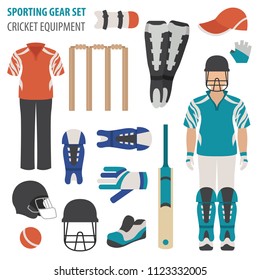 Sporting gear set. Cricketer equipment and accessories flat design icon.Vector illustration 