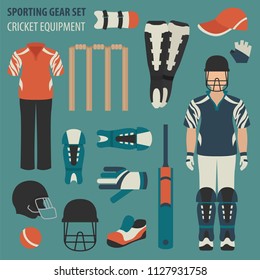 Sporting gear set. Cricketer equipment and accessories flat design icon.Vector illustration 