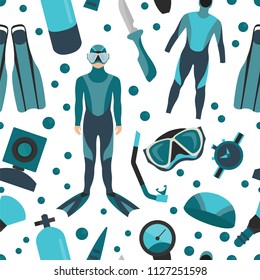 Sporting gear set. Diving equipment and scuba diver male seamless pattern.Vector illustration 